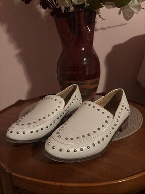 Studded White Faux Leather Slip-On Loafers